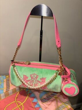 Juicy Couture Retro Green and Pink HandBag with Complimentary bag charms